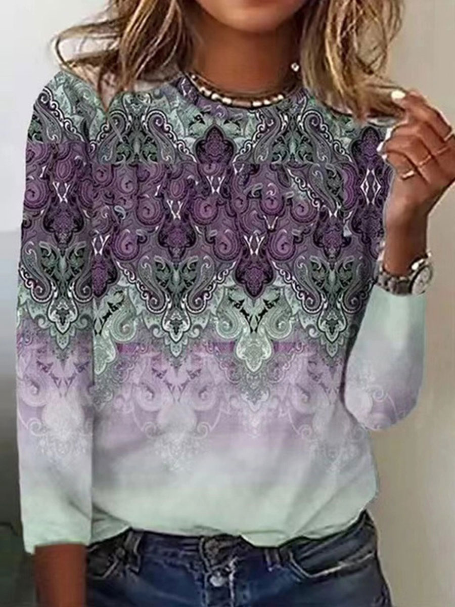 Round Neck Casual Loose Floral Print Long Sleeve T-Shirt