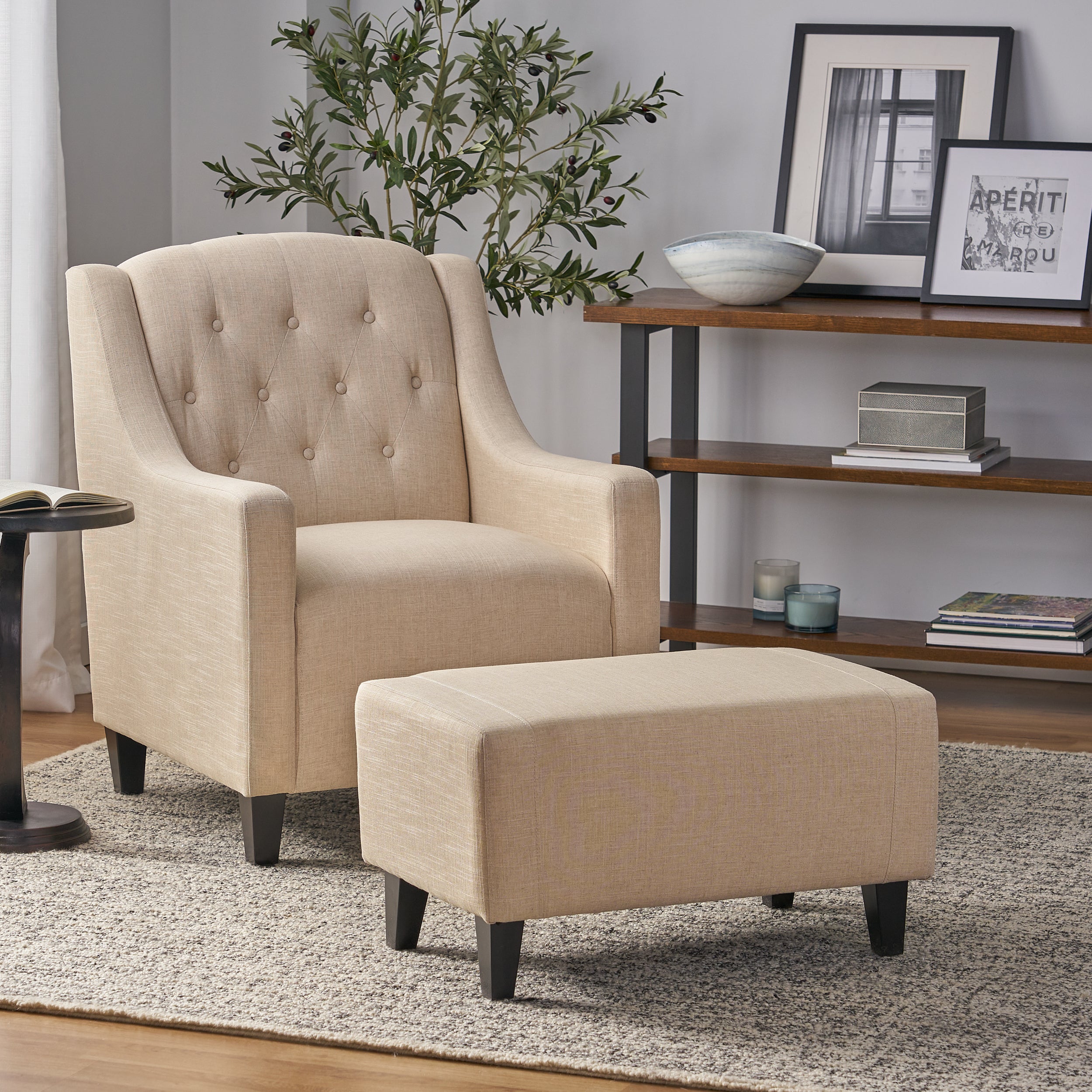 Empierre Beige Fabric Club Chair and Ottoman