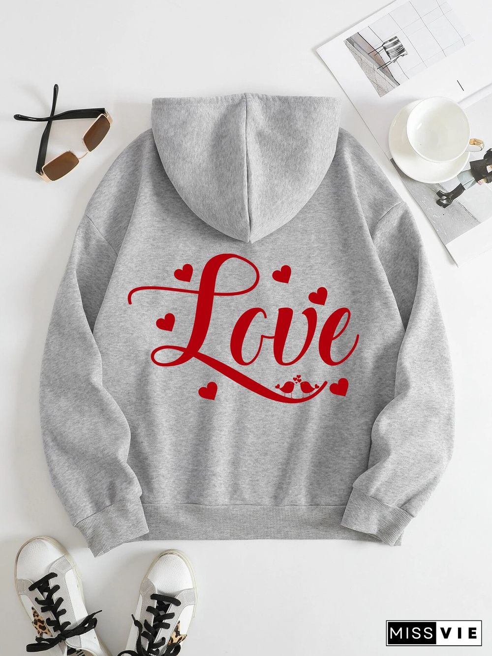 Printed on the Back Kangaroo Pocket Hoodie Long Sleeve for Women Pattern Love