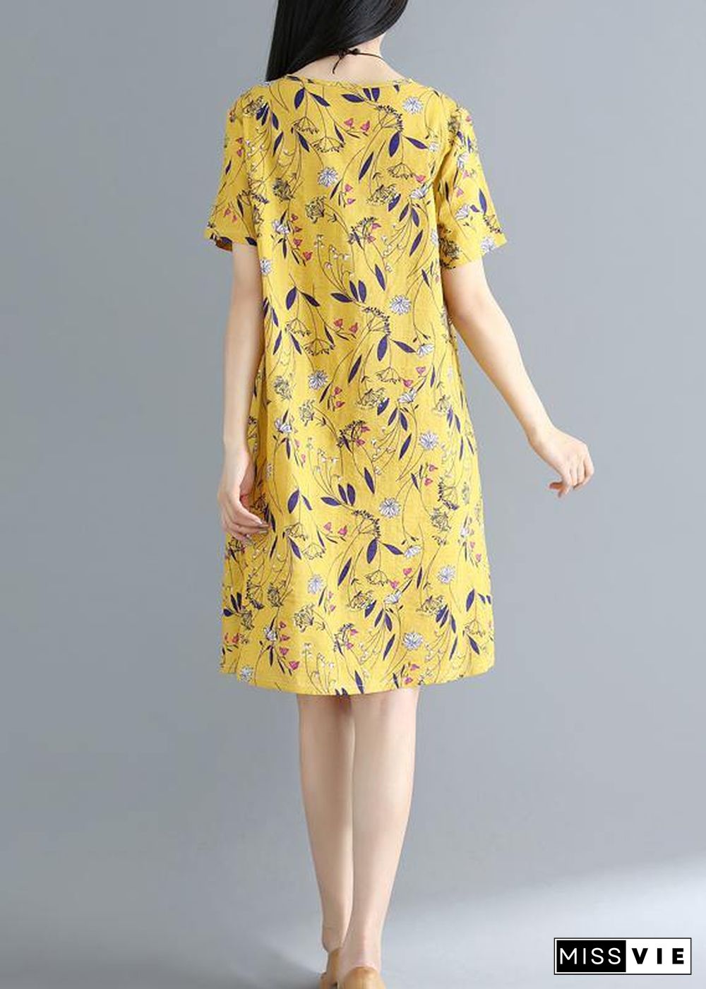 Women yellow prints Cotton clothes loose waist daily summer Dress