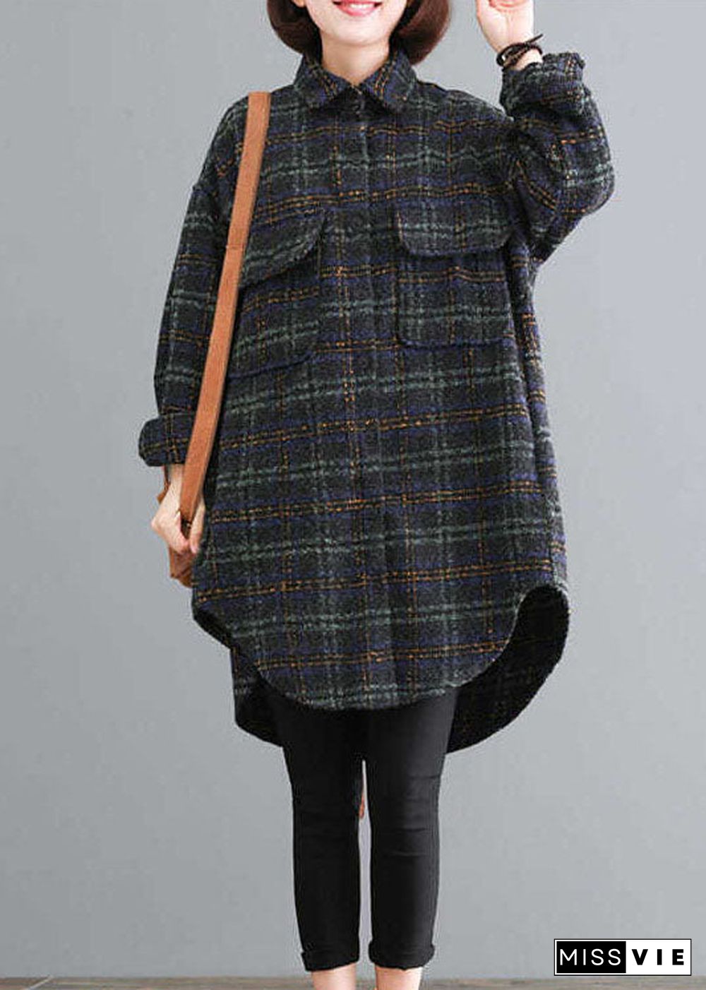 Luxury Blue Green Plaid Pockets Button Fall Thick Long sleeve Coat