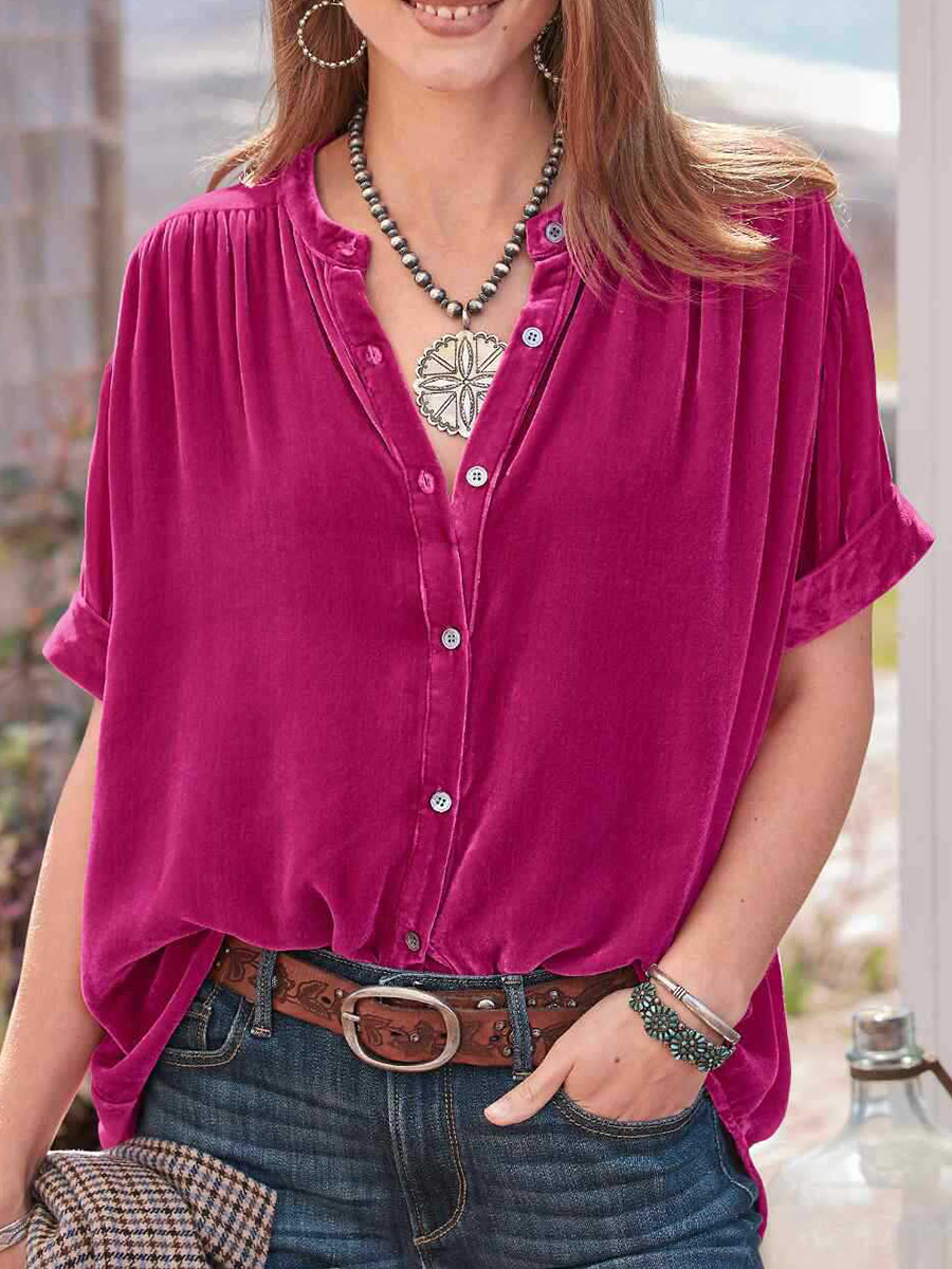 Velvet Solid Color Short Sleeve Round Neck Blouse