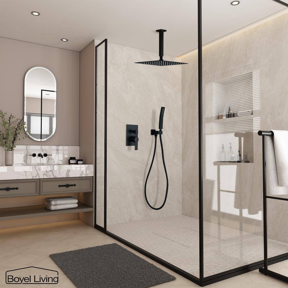 Boyel Living 1-Spray Patterns with 2.5 GPM 12 in. Ceiling Mount Dual Shower Heads with Pressure Balance Valve in Matte Black SMD-88005B