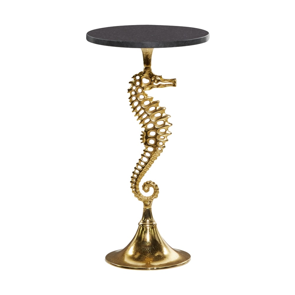 Gold Aluminum Sea Horse Accent Table with Black Marble Table Top   13 x 13 x 25Round