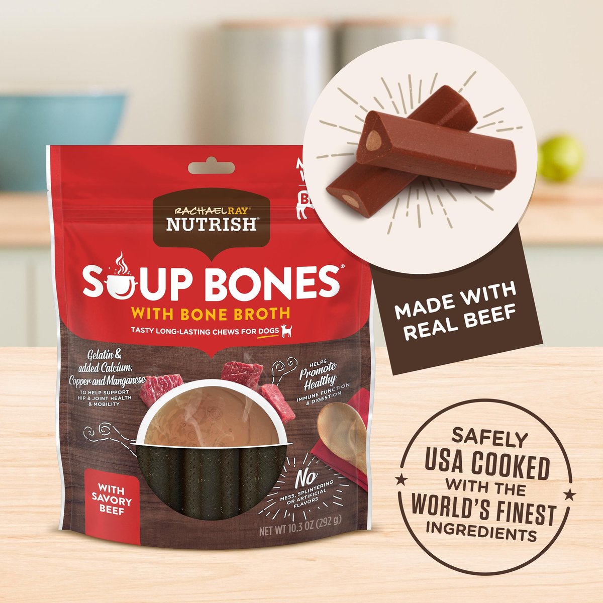 Rachael Ray Nutrish Soup Bones with Bone Broth Savory Beef Dog Treats， 9 count