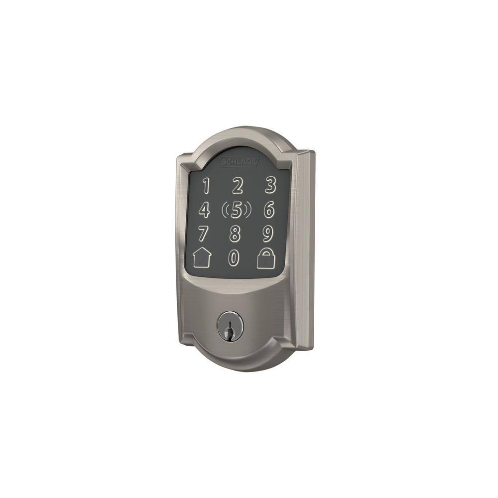 Schlage Camelot Satin Nickel Electronic Encode Plus Smart WiFi Deadbolt with Alarm BE499WB CAM 619