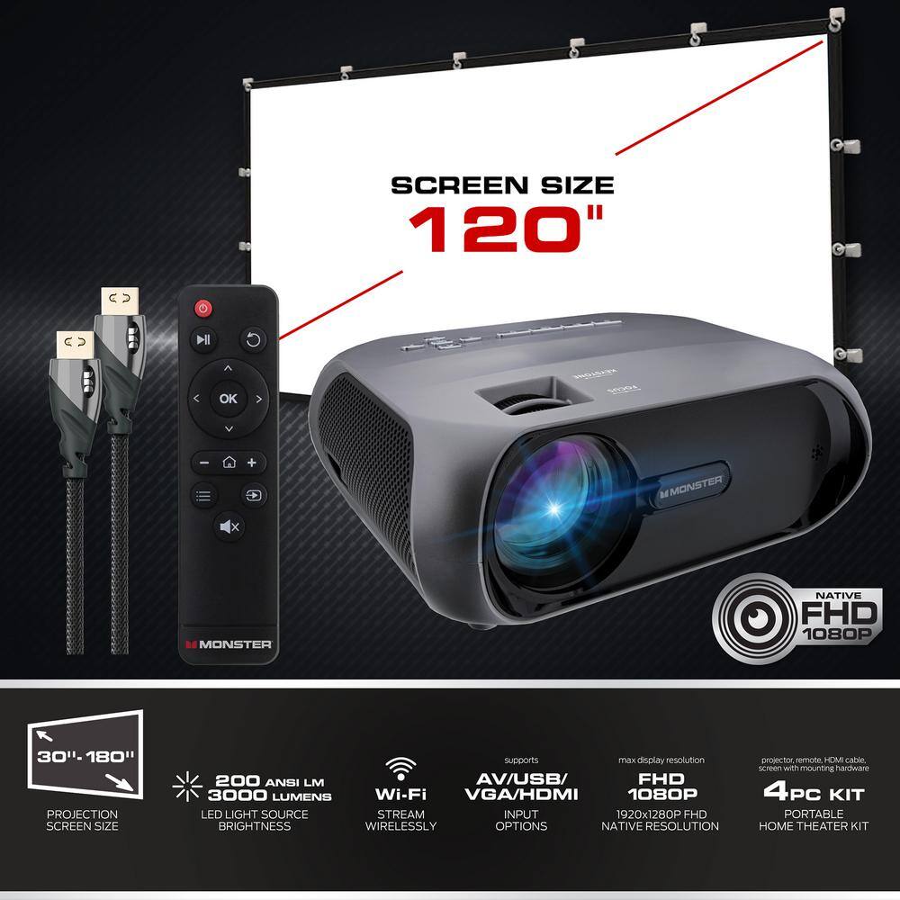 Monster Vision 1920 x 1080p LCD TFT Technology Home Projector Kit with 3000 Lumens Comes With 120 Inch Screen MHV1-1058-GUN