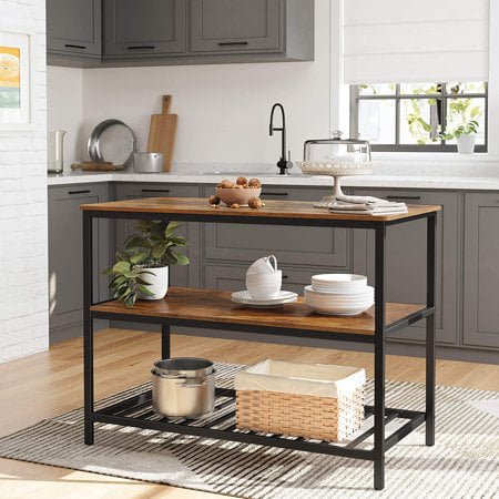 VASAGLE Alinru Kitchen Island with 3 Shelves Kitchen Shelf with Large Worktop Rustic Brown and Black