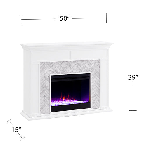 SEI Furniture Electric Freestanding Color Changing Tiled Fireplace in White with Gray Marble