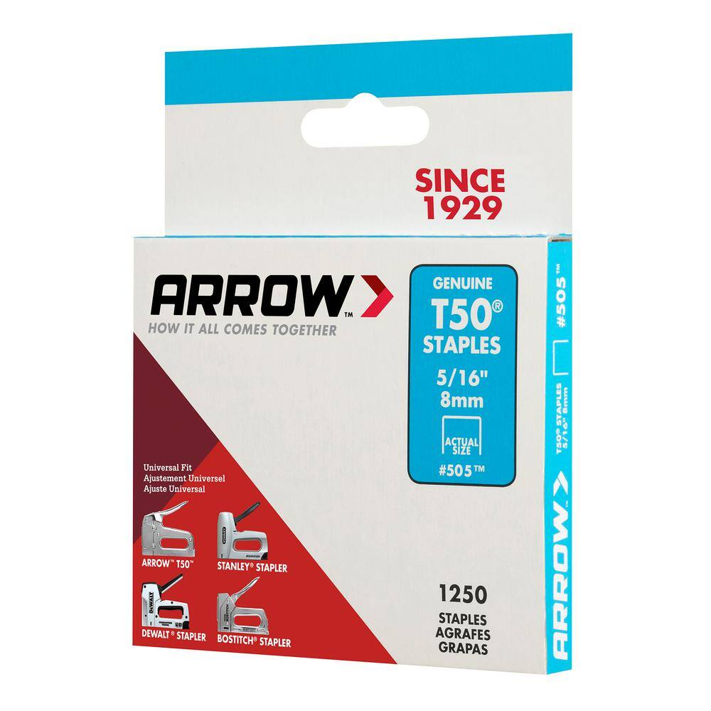 Arrow T50 516 in. Leg x 38 in. Crown 18-Gauge Galvanized Steel Staples (1250-Pack) 505