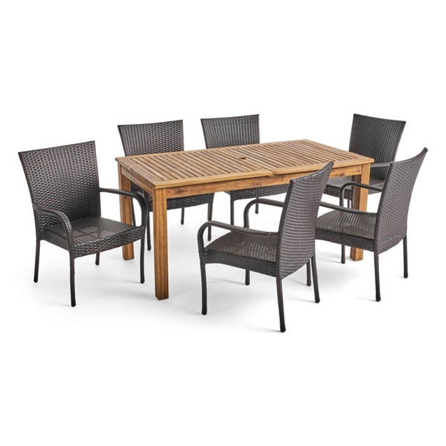 Hayes 7pc Wood amp Wicker Expandable Dining Set Natural brown Christopher Knight Home