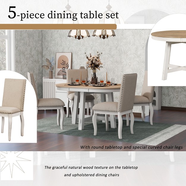 5 Pcs Round Wood Extendable Dining Table Set With 4 Upholstered Dining Chairs