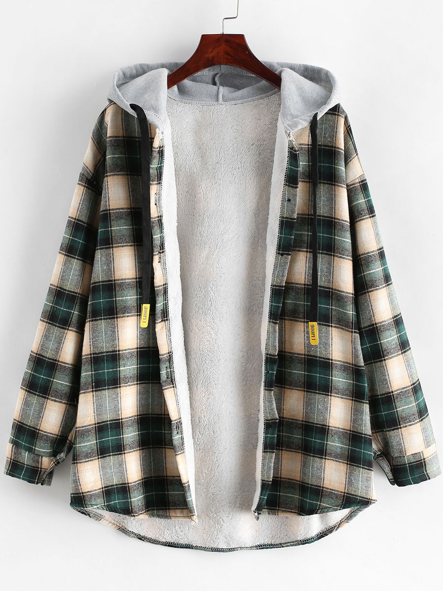 Casual Loose Check Panel Lambsool Hooded Blouse