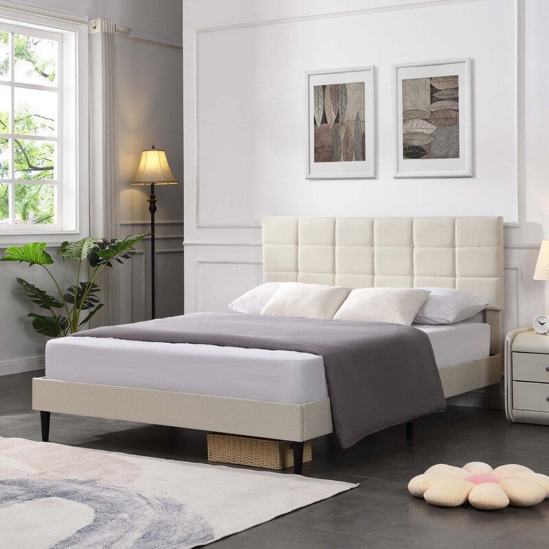 Beige Upholstered Platform Bed with Fabric Upholstered Headboard and Wooden Slats