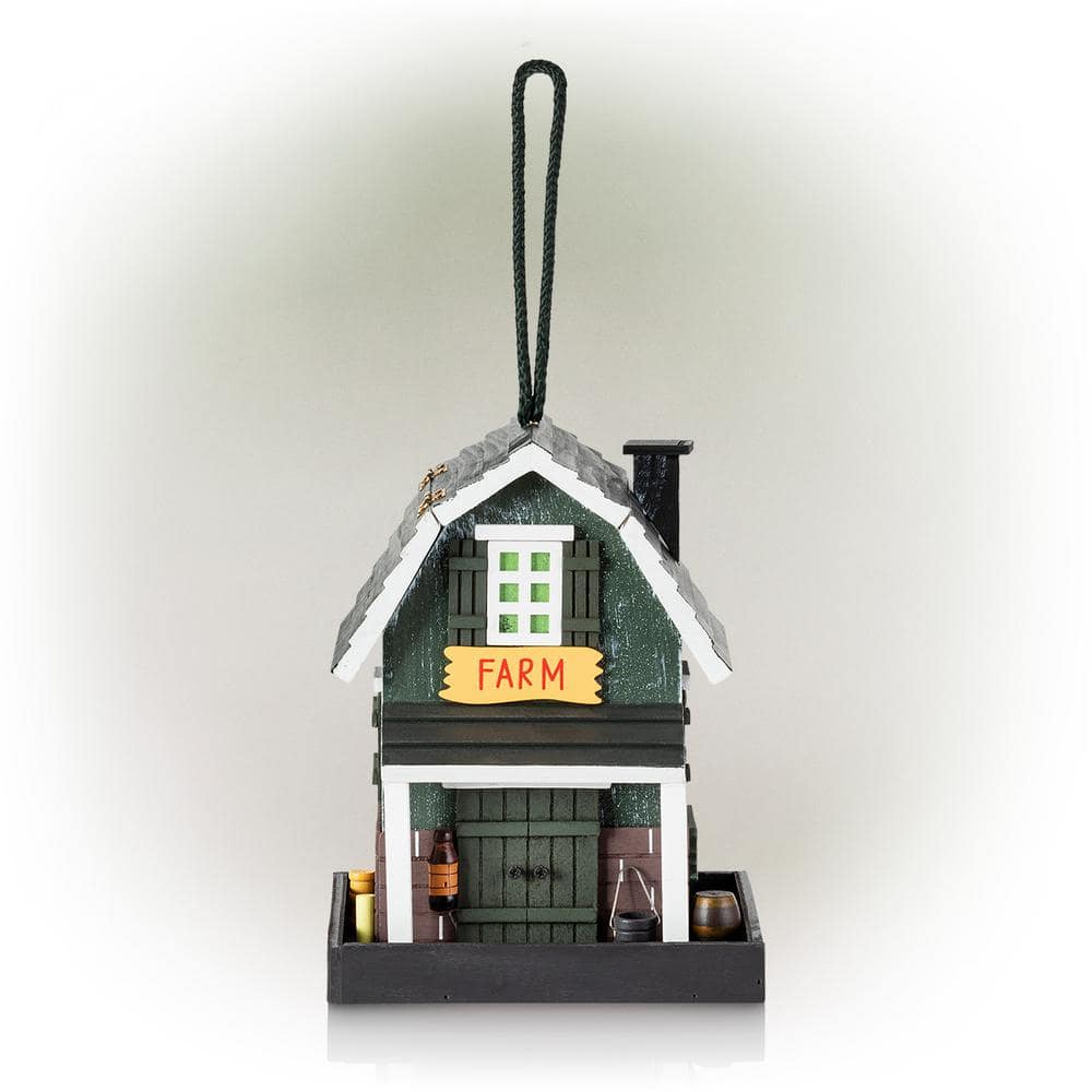 Alpine Corporation 9 in. Tall Wooden Farm Store Hanging or Table Outdoor Bird Feeder House, Black ACM118