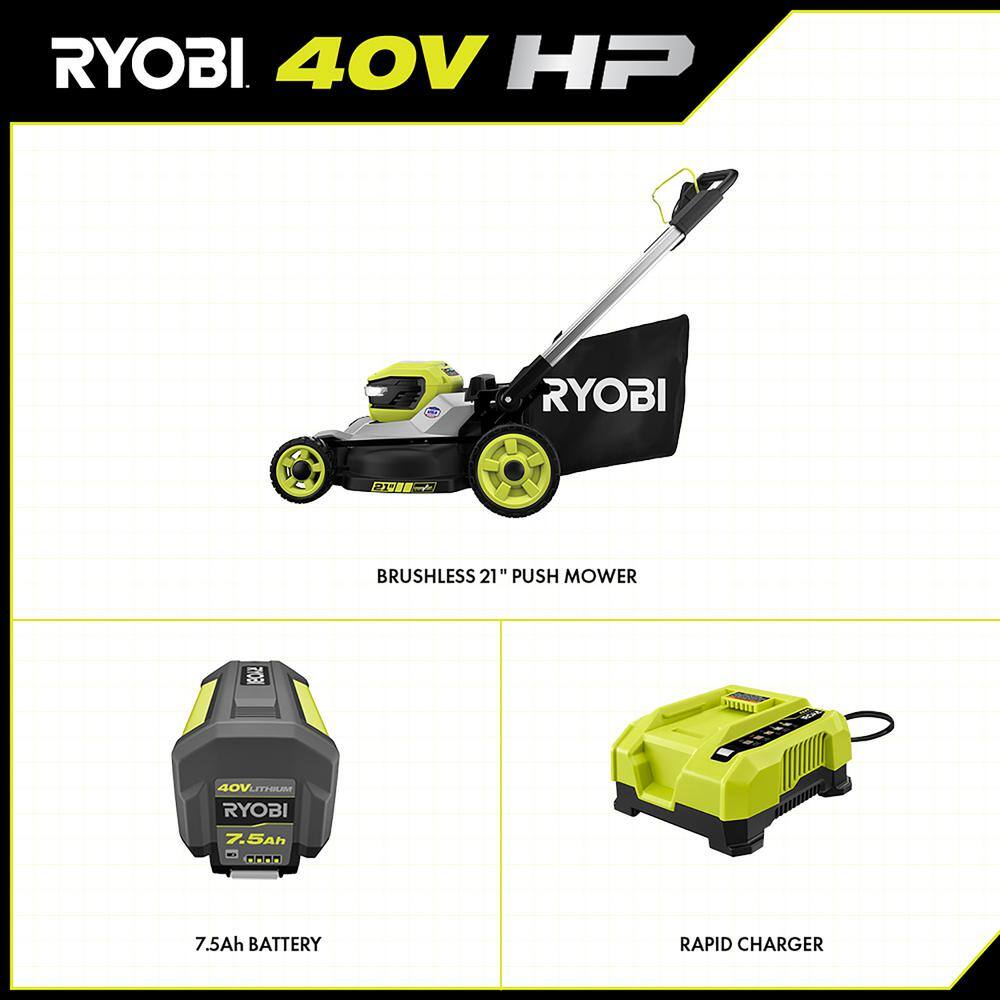 RYOBI 40V HP Brushless 21 in. Battery Walk Behind Dual Blade Push Lawn Mower with 7.5 Ah Battery and Rapid Charger RY401200