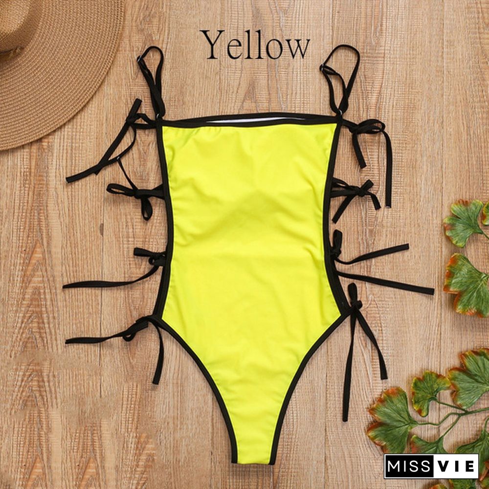 Sexy Tied Women's Swimsuit A Solid Piece of Sports Ladies Swimsuit Hollow Out Bikini Bodysuit New Swimmer Bikini