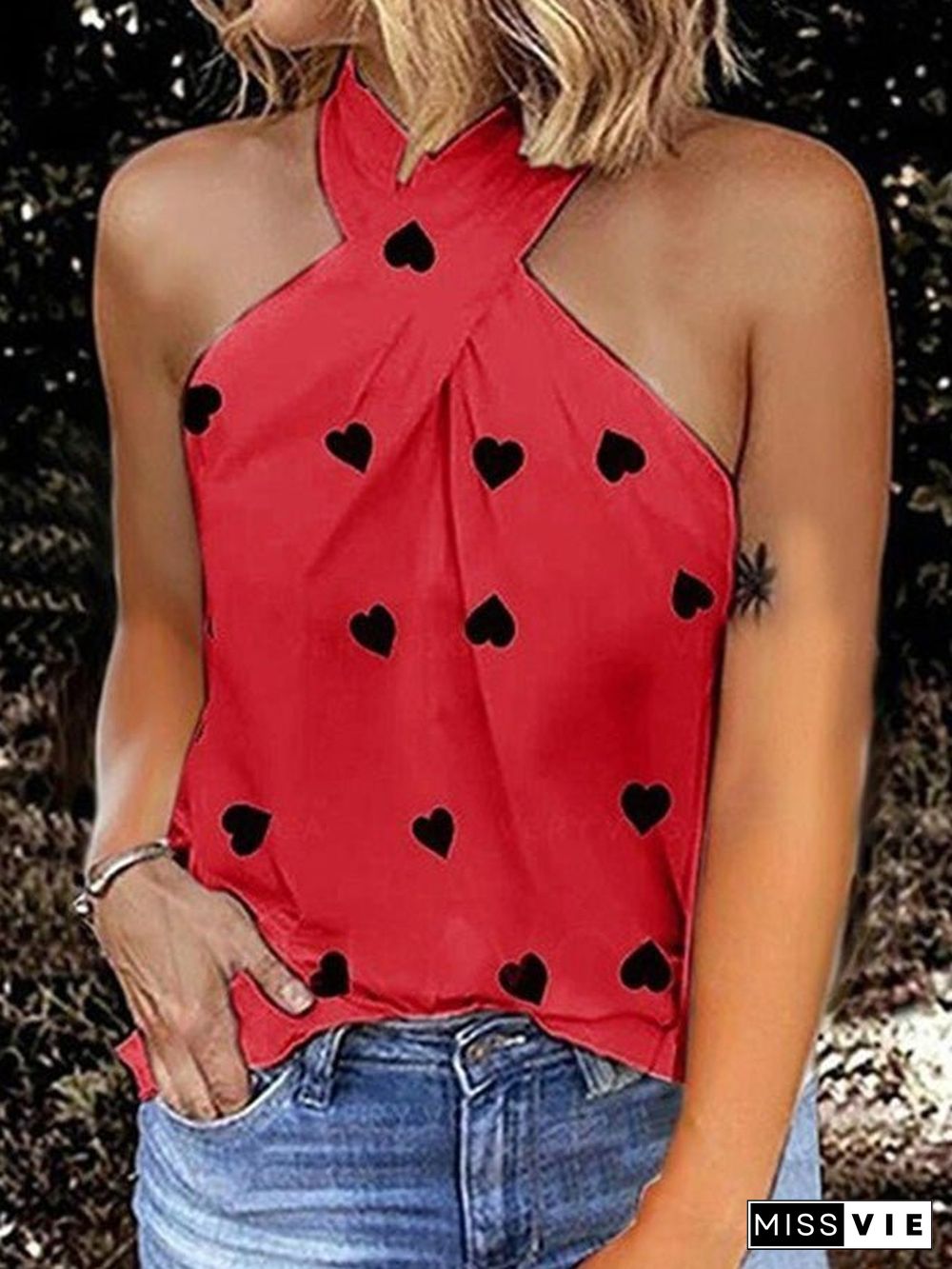 Women'S Tank Tops Heart Print Halter Off Shoulder Sleeveless Tank Top