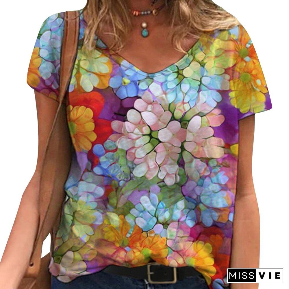 Short Sleeve T-Shirt Women Summer Retro Floral Print T shirts Round Neck Tees Lady Tops Casual Loose Harajuku Pullover D30