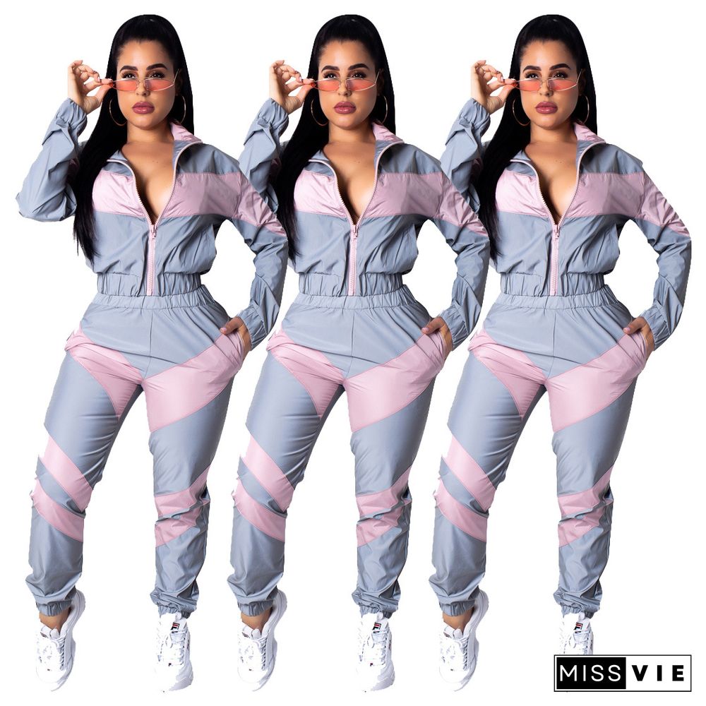 Leisure Patchwork Zipper Pants Set 2 Pieces