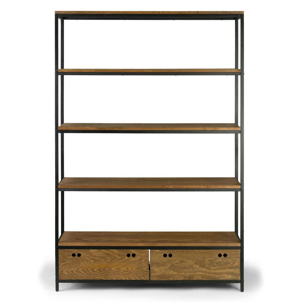 Glamour Home 70.75 in. BrownBlack Metal 5-shelf Etagere Bookcase with Drawers GHDSV-1251