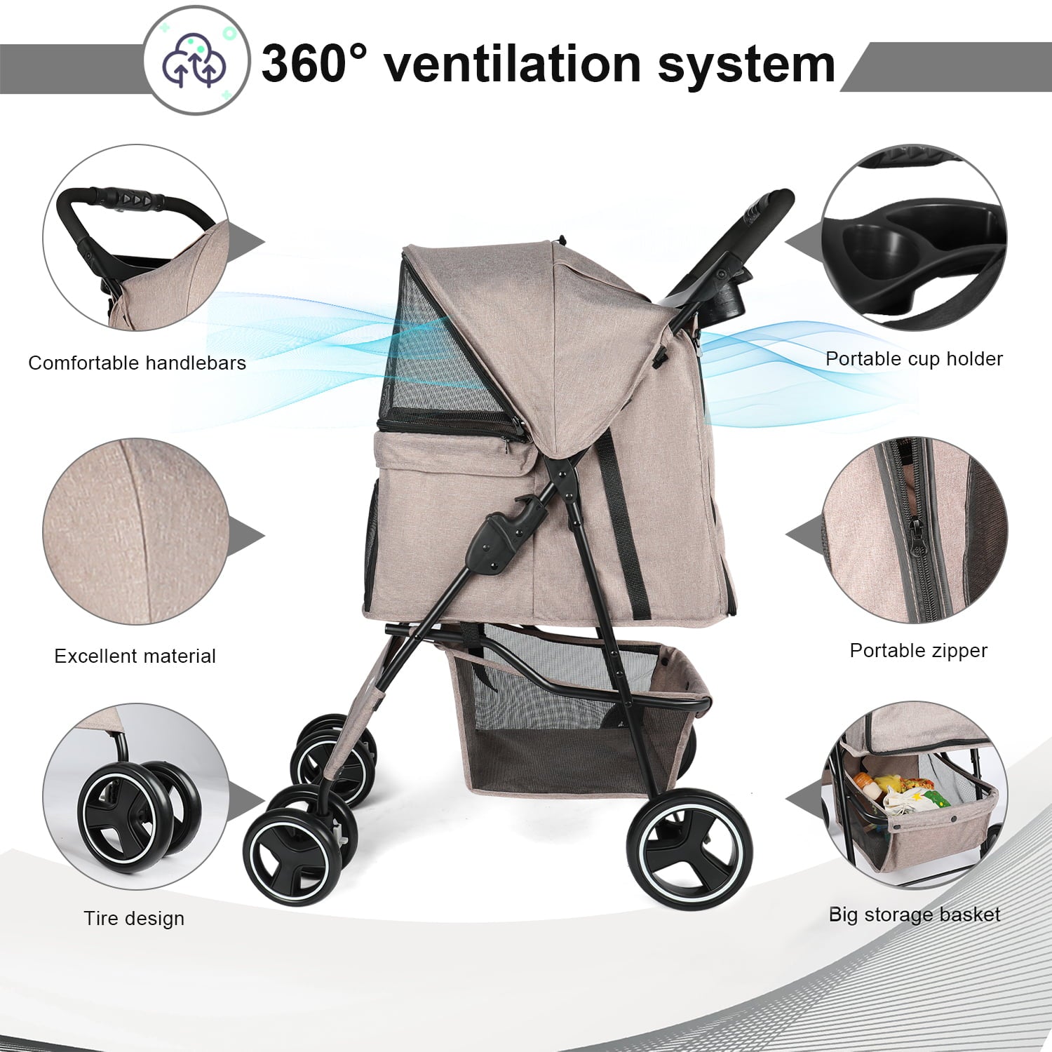 Wedyvko Pet Dog Stroller， 4 Wheeled Foldable Pet Stroller with Storage Basket and Cup Holder， Front Wheel 360° Rotation， Suitable for Small and Medium-Sized Pets(Brown)