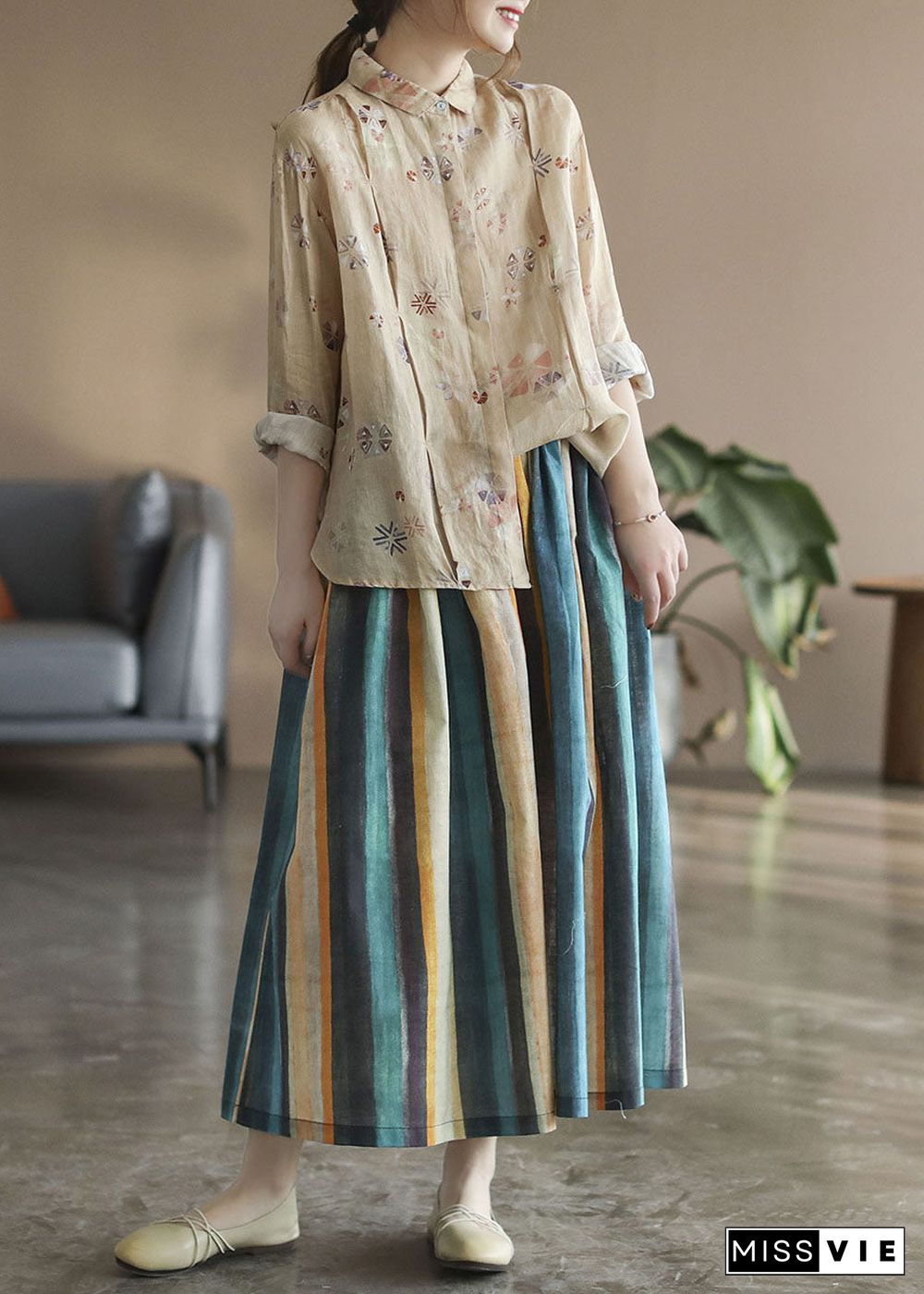 Chic Color stripe Striped Linen a line skirts Spring