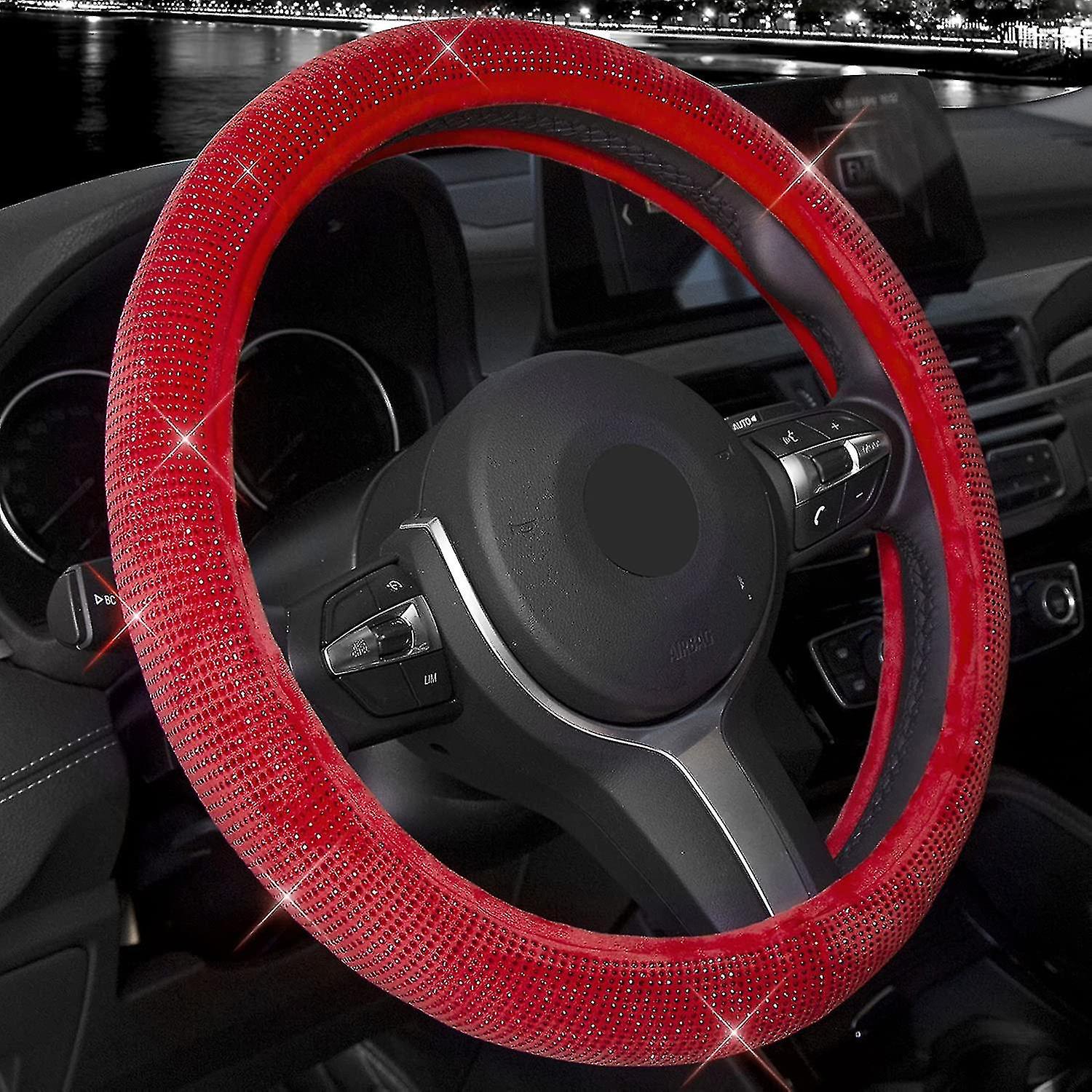 Steering Wheel Cover For Women Bling Bling Crystal Diamond Sparkling Car Suv Wheel Protector Universal Fit 15 Inch (red With Red Diamond， Standard Siz