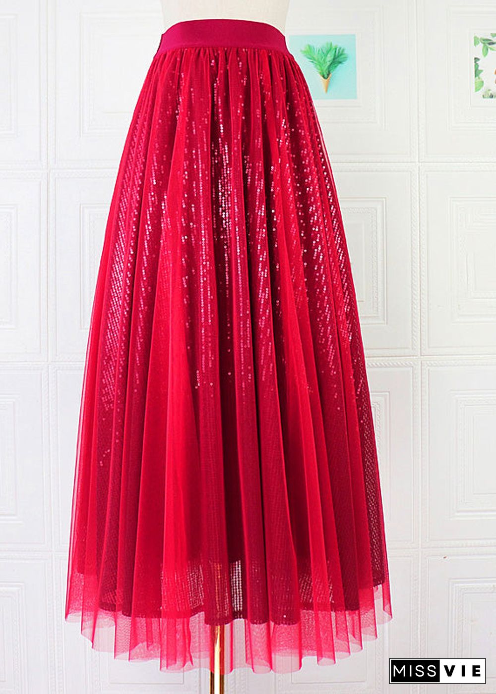 DIY Mulberry Elastic Waist Sequins Tulle A Line Skirt Spring