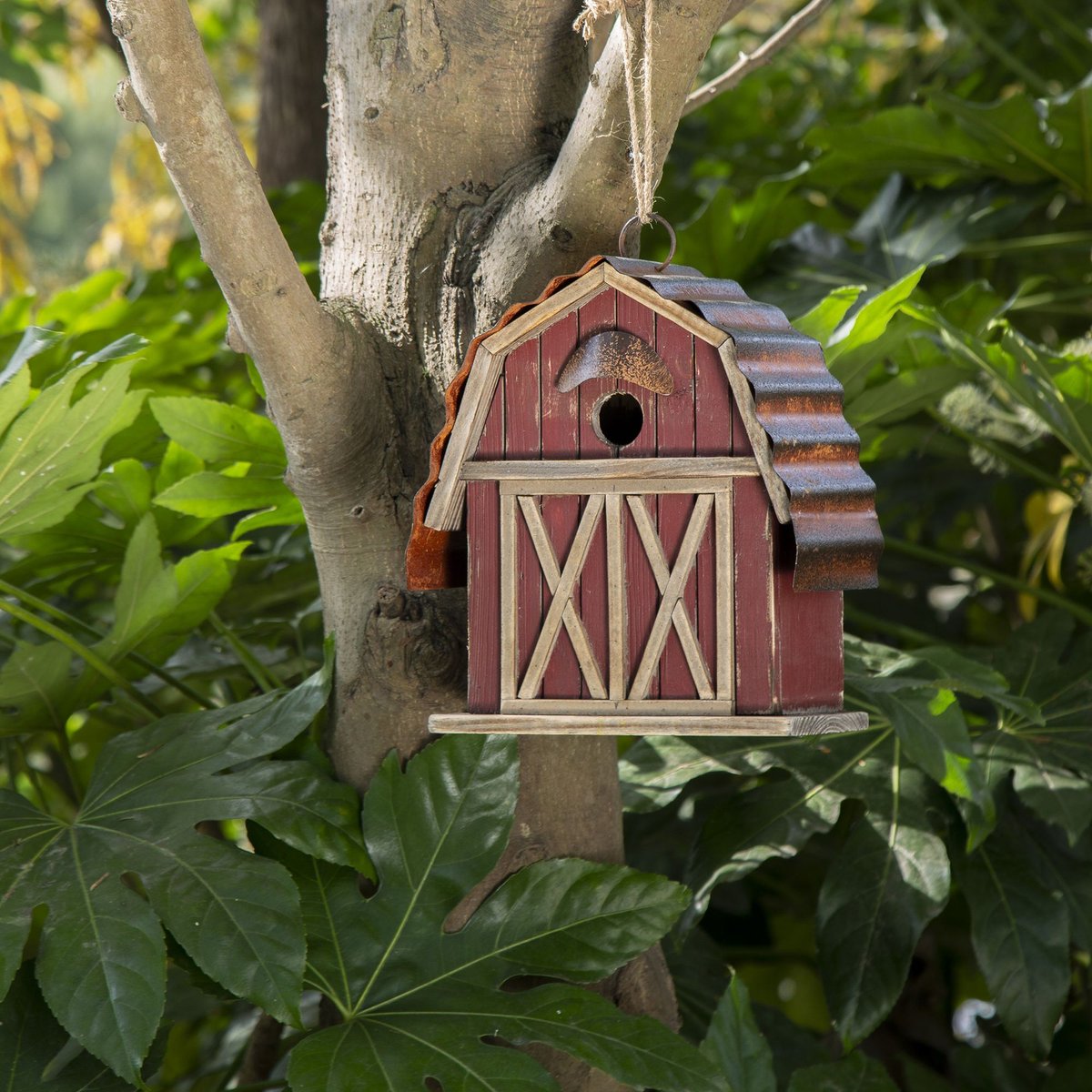 Glitzhome Wood Barn Garden Birdhouse， Red