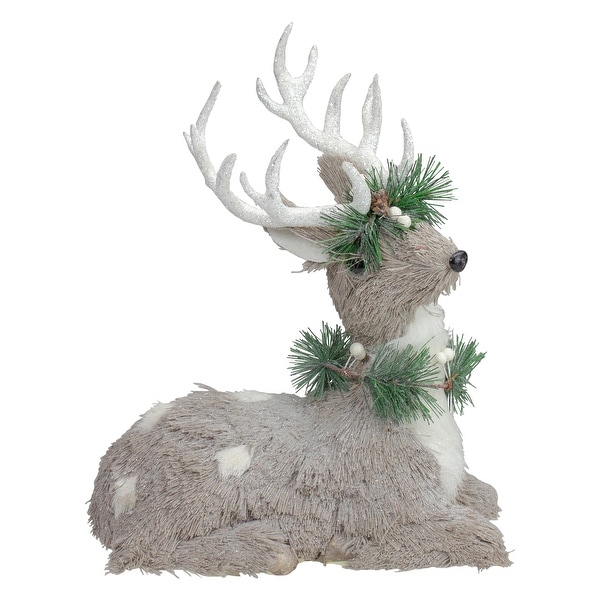 12.75 Gray Sitting Sisal Reindeer with Wreath Christmas Figure