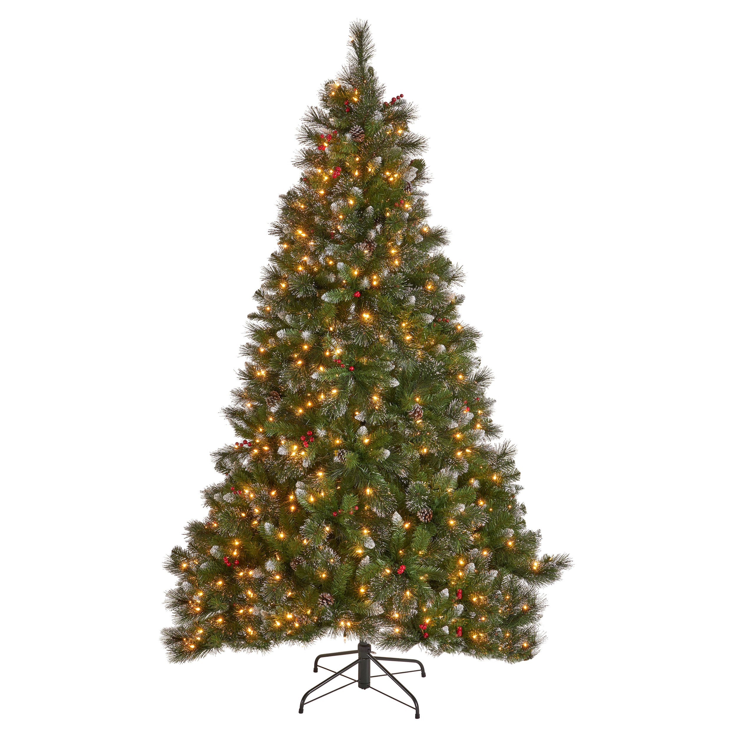 7.5-foot Mixed Spruce Hinged Artificial Christmas Tree with Glitter Branches, Red Berries, and Pinecones