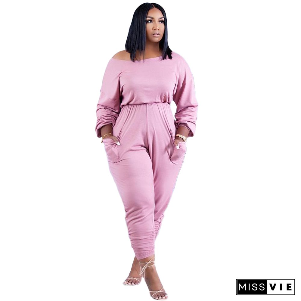 Solid Color Long Sleeve Loose Fit Jumpsuit