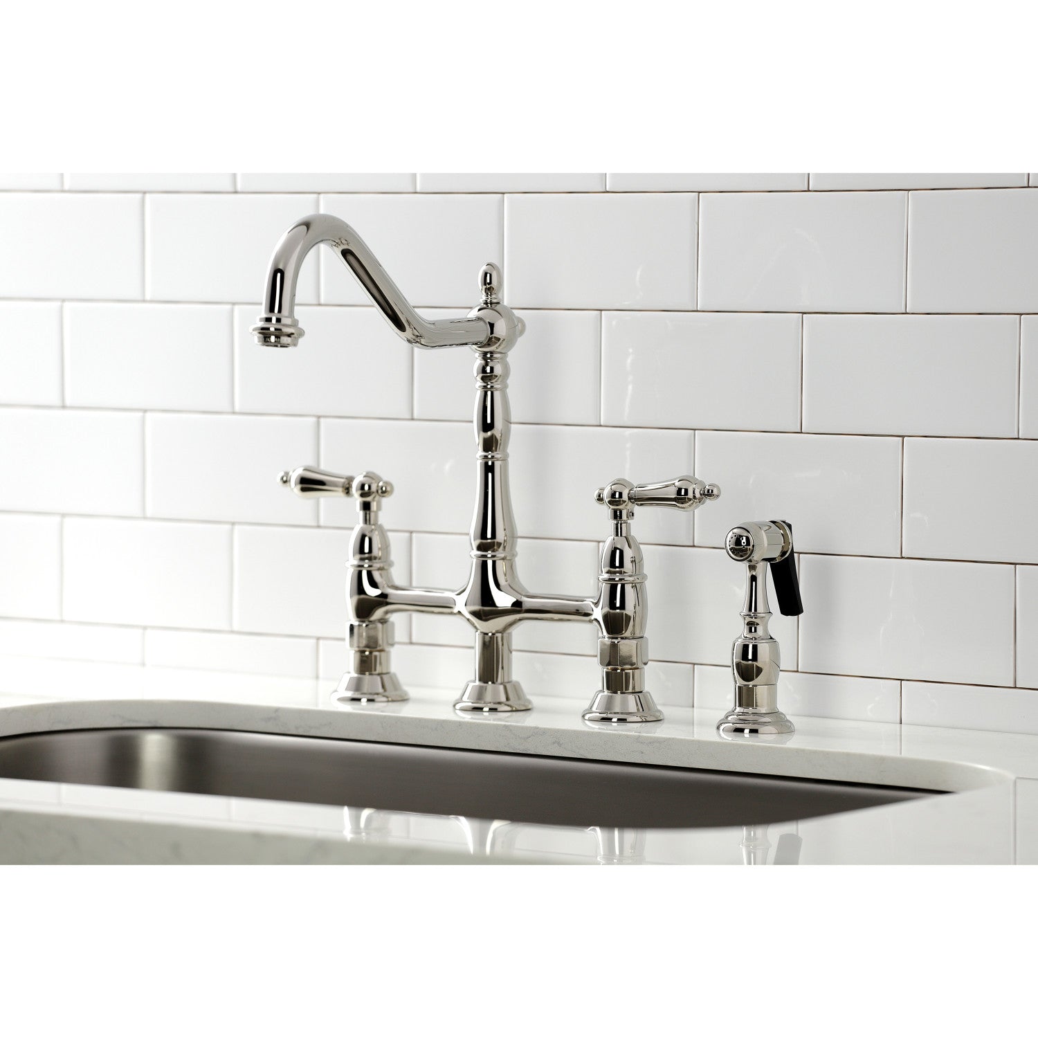 Kingston Brass KS1276ALBS Heritage Bridge Kitchen Faucet with Brass Sprayer， Polished Nickel