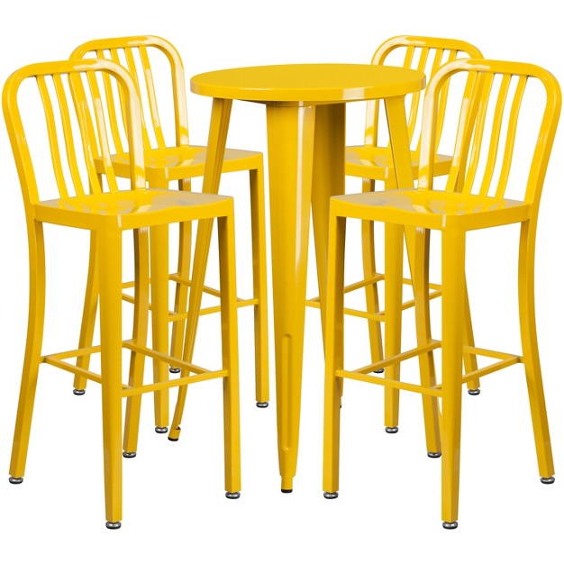 Round Metal Indoor outdoor Bar Table Set With 4 Vertical Slat Back Stools