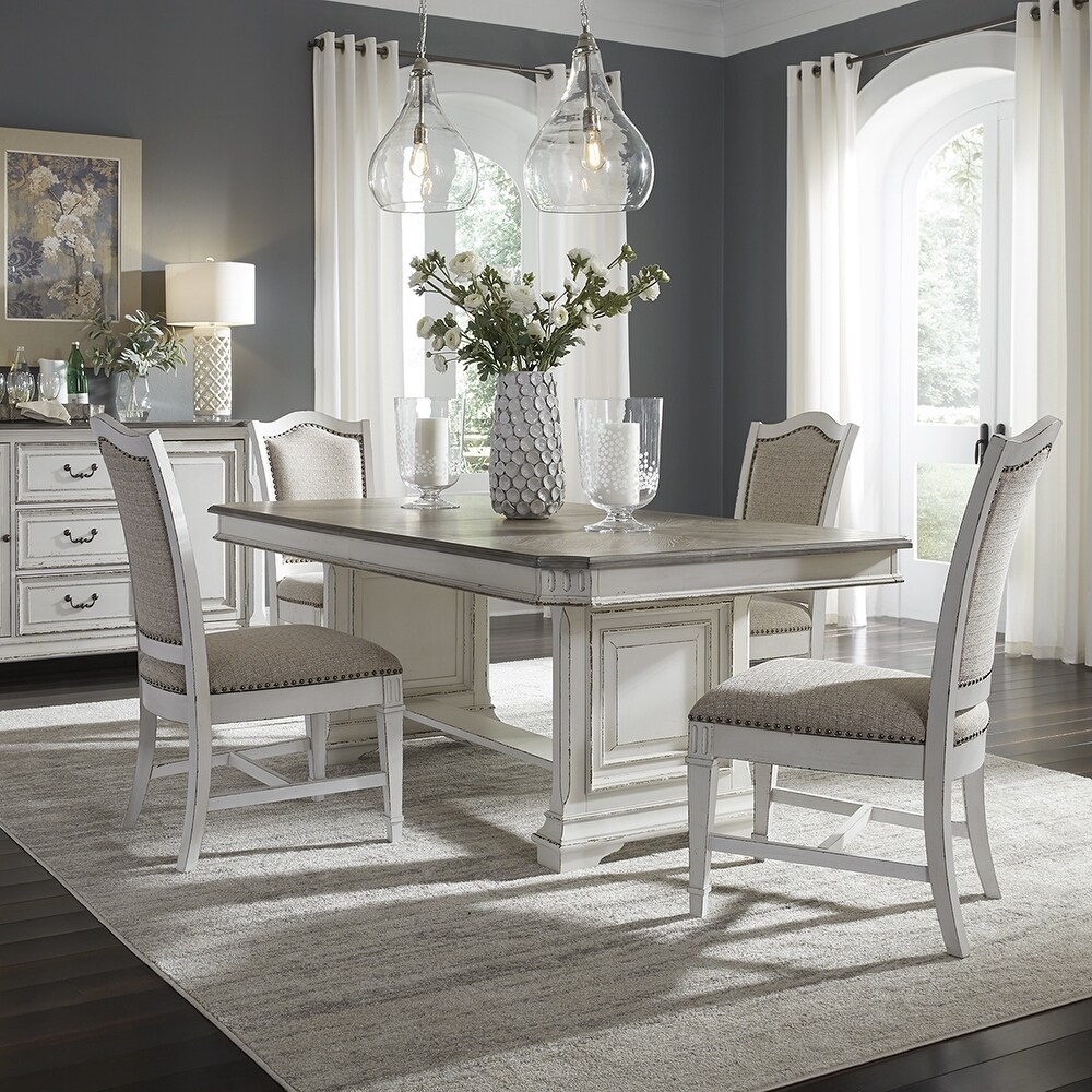 Abbey Park Weathered Brown   Antique White 5 Piece Trestle Table Set