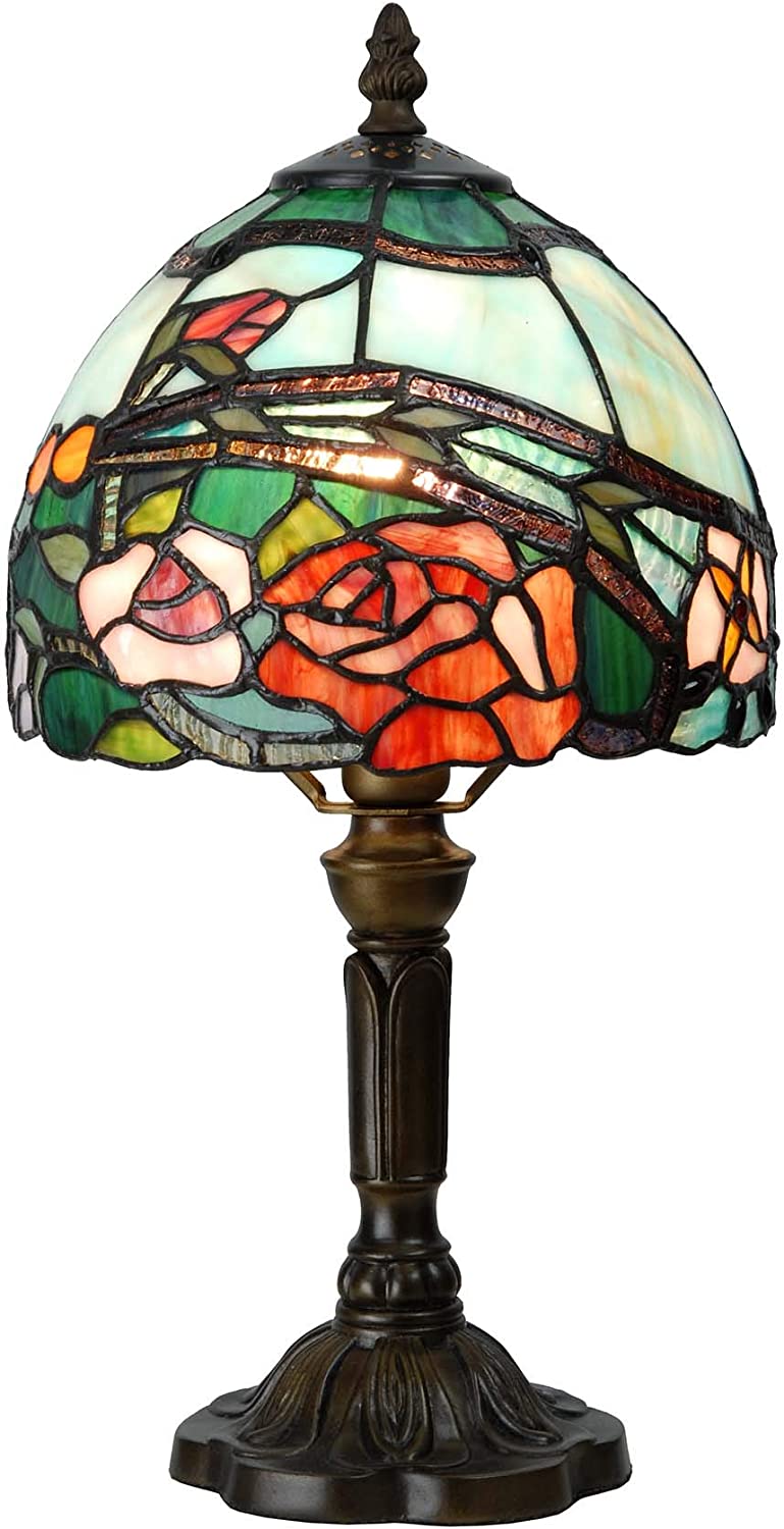 SHADY L10736 Rose Flower Tiffany Style Stained Glass Table Lamp with 8-inch Wide Lampshade  15-inch Tall  Red