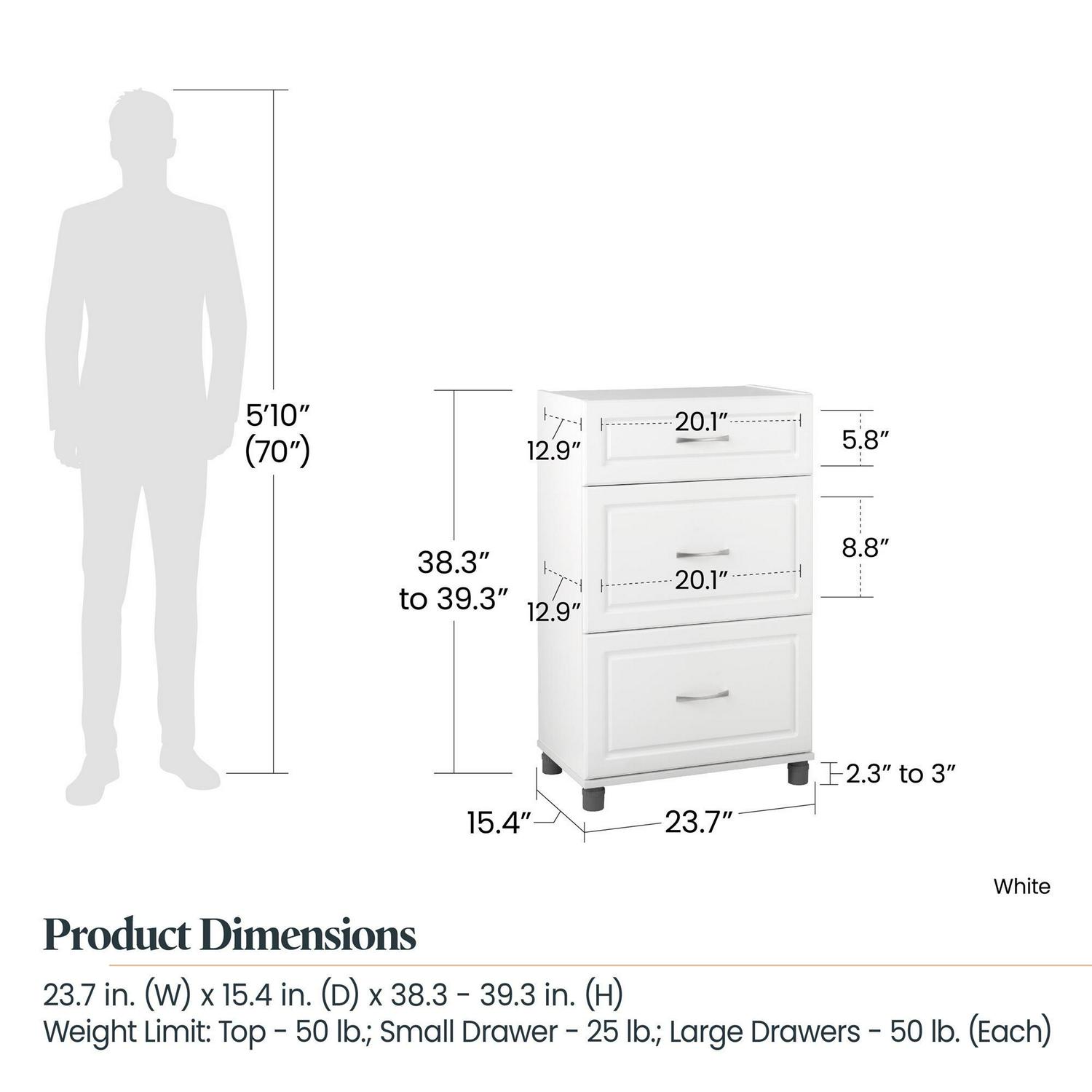 Systembuild Evolution Kendall 24 3 Drawer Base Garage Storage Cabinet， White