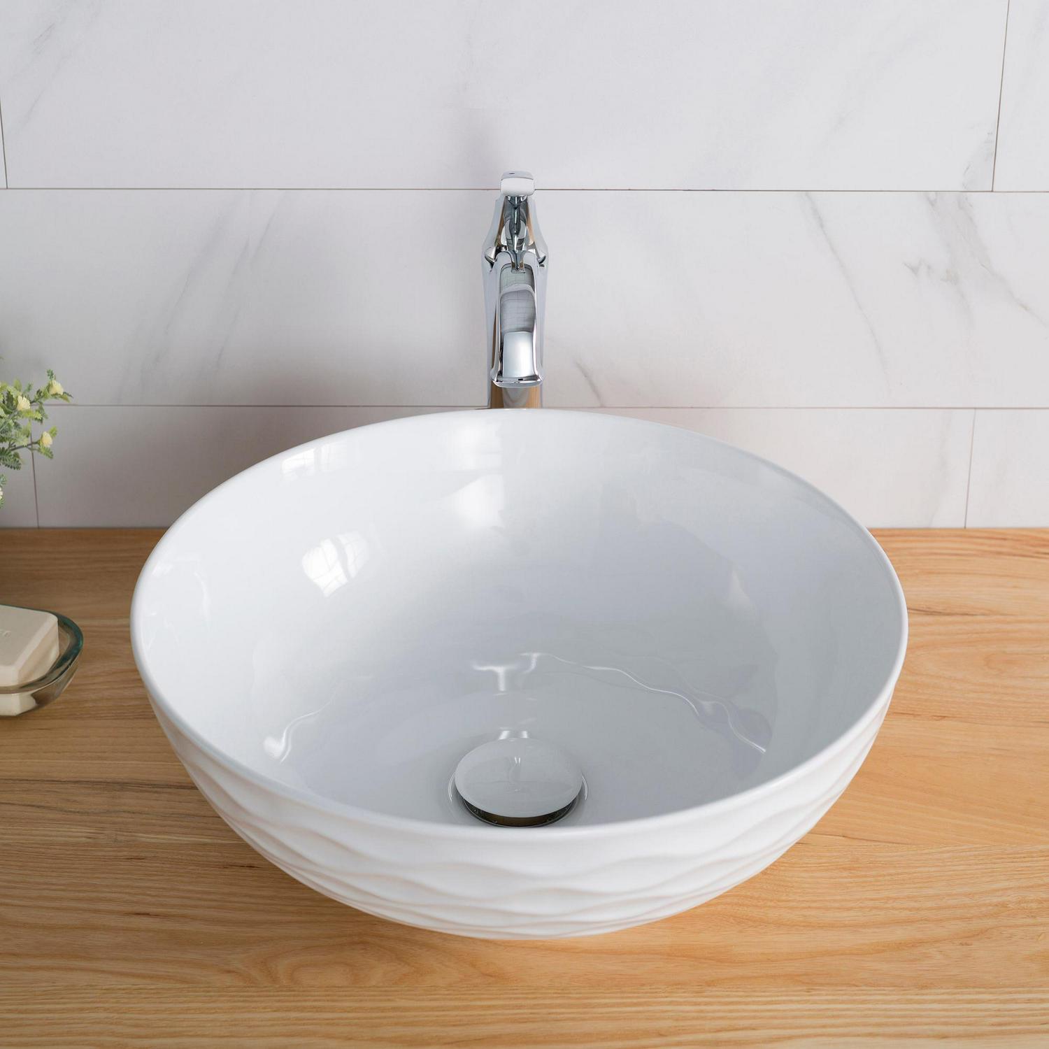 KRAUS Viva Round White Porcelain Ceramic Vessel Bathroom Sink with Pop-Up Drain， 16 1/2 in. D x 5 1/2 in. H