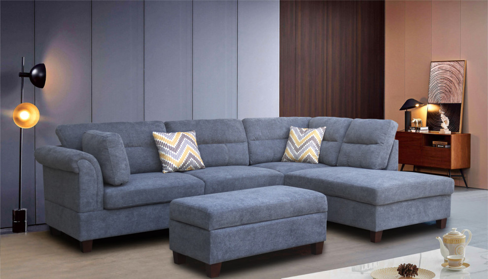 Diego Fabric Sectional Sofa With Right Facing Chaise  Storage Ottoman   Transitional   Sectional Sofas   by Lilola Home  Houzz