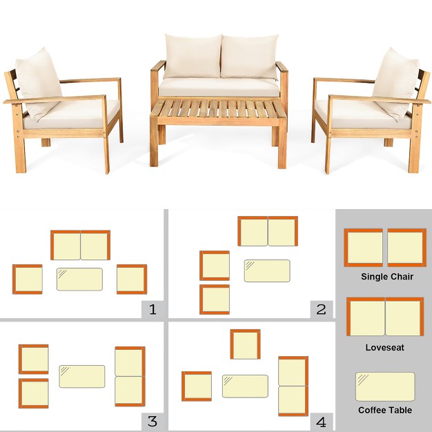 Costway 4pcs Patio Furniture Set Acacia Wood Thick Cushion Loveseat Sofa Off White turquoise grey