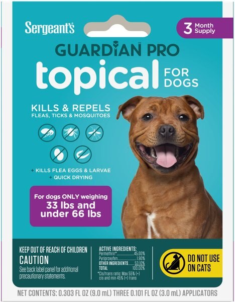 Sergeant's Guardian Dog Pro Flea and Tick Topical Treatment， 33-66-lb， 3 count