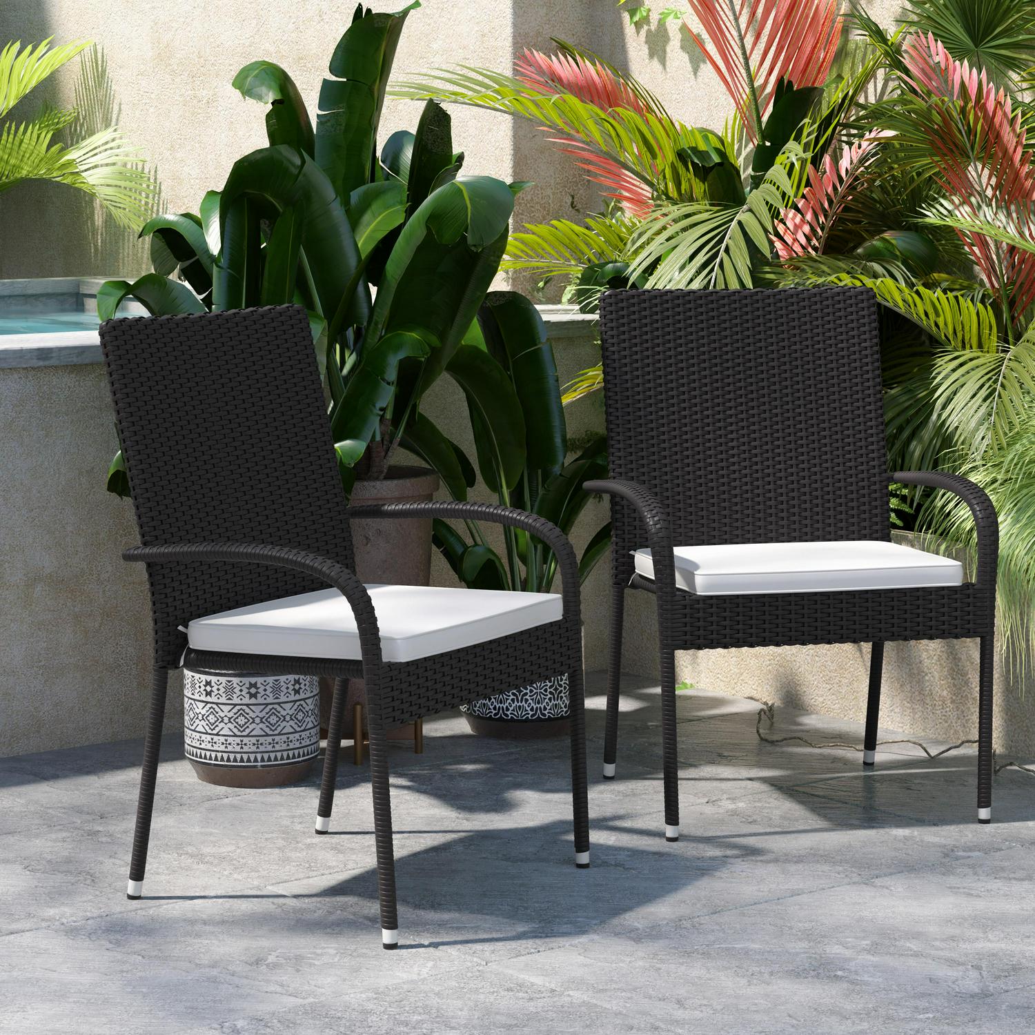 Flash Furniture Maxim Set of 2 Stackable Indoor/Outdoor Black Wicker Dining Chairs with Cream Seat Cushions  Fade and Weather-Resistant Materials