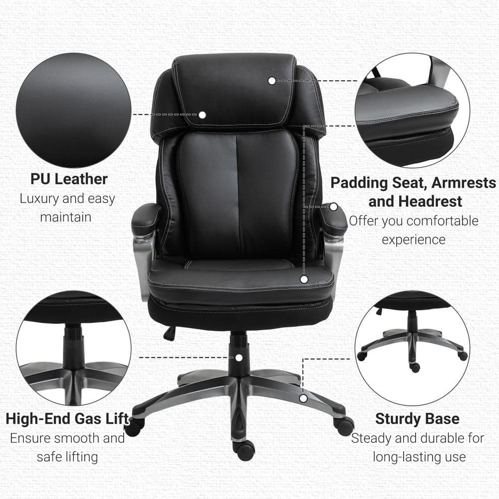 Vinsetto Black, High Back Ergonomic Home Office Chair PU Leather Swivel Chair with Adjustable Height, Air Lumbar Support Armrests 921-502BK