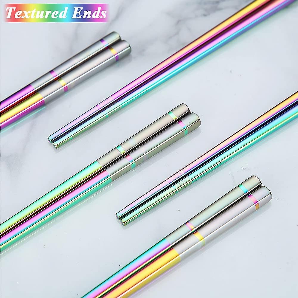 Rainbow Metal Chopsticks， 5 Pairs 9 Inches Premium 304 Stainless Steel Metal Chopsticks Reusable Dishwasher Safe Colorful， Titanium Plated Chopsticks