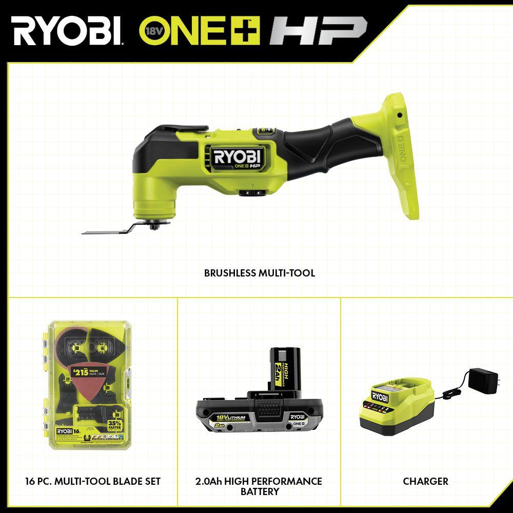 RYOBI ONE+ HP 18V Brushless Cordless Multi-Tool Kit w 2Ah HIGH PERFORMANCE Battery Charger  16-Piece Multi-Tool Blade Set PBLMT50K1-A241601