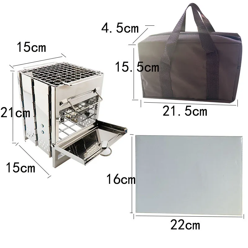 15 CM Outdoor Square Wood Barbecue Stove Folding Camping Stainless Steel Burning Cooking Stoves Hiking Picnic BBQ Grill Cooker