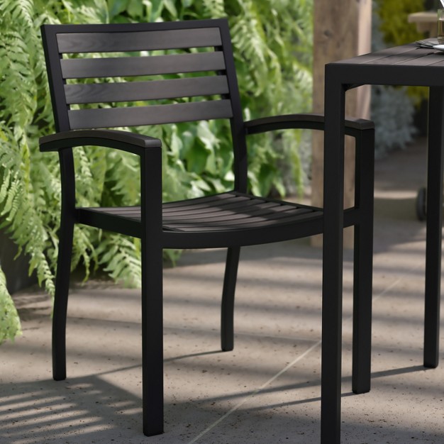 Flash Furniture 2 Pack All weather Black Aluminum Patio Stack Chairs Gray Wash Faux Teak Slats