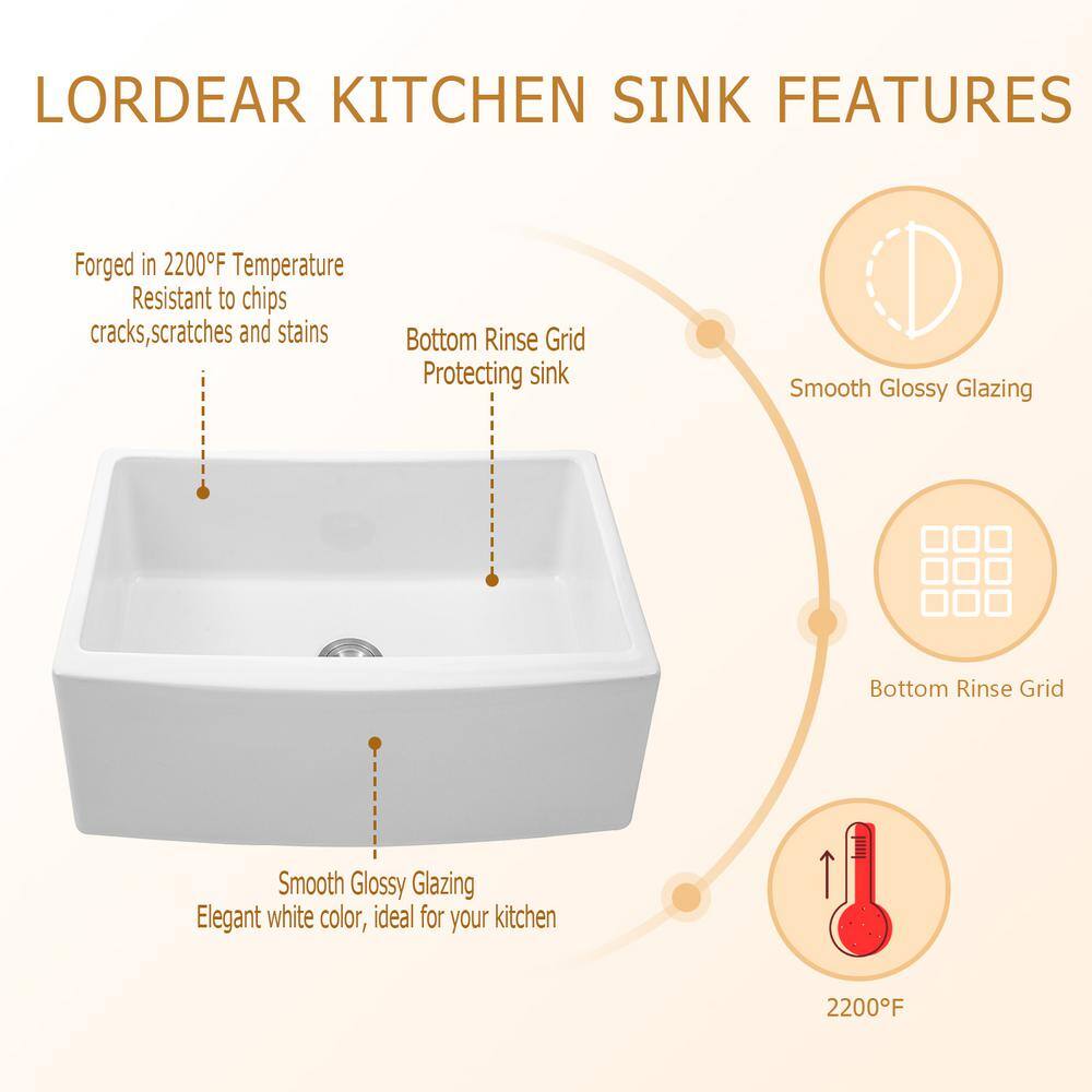 LORDEAR White Fireclay Ceramic Porcelain 24 in. Single Bowl Farmhouse Apron Kitchen Sink with Bottom Grid ALC24WR