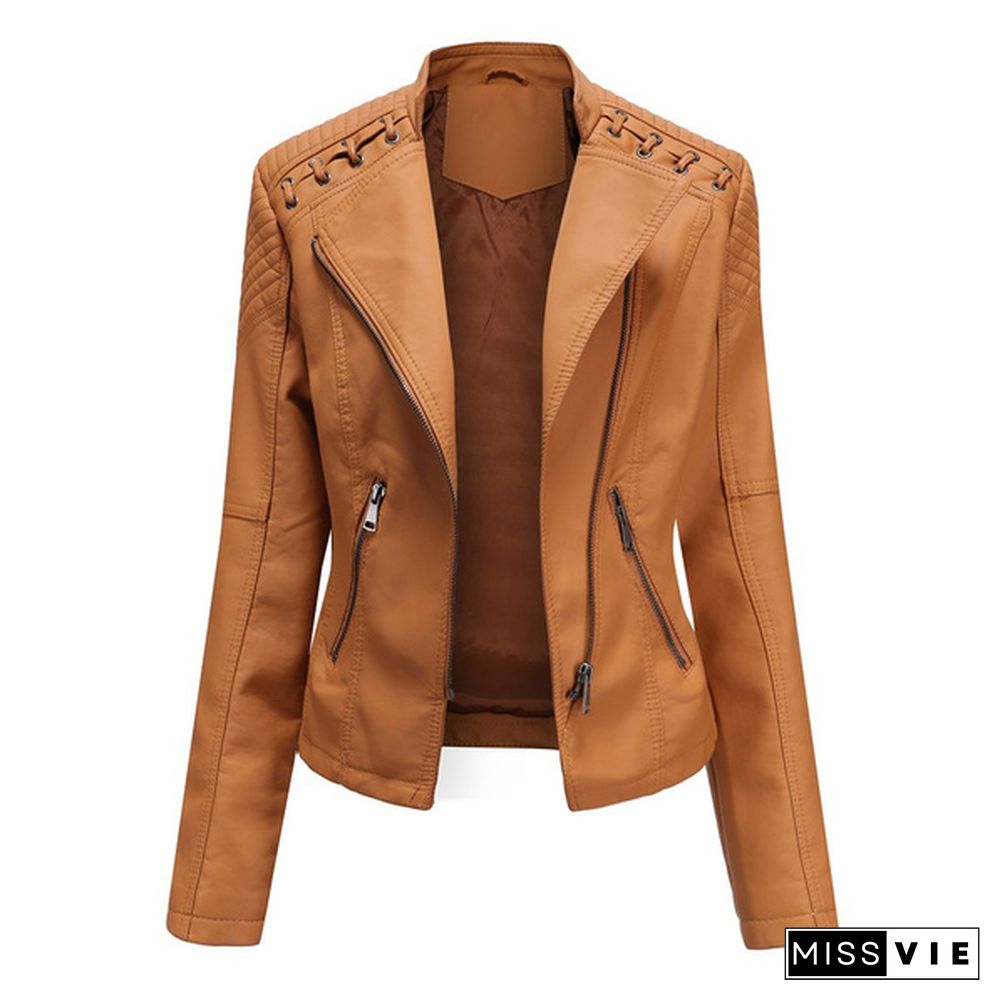 High-quality Fashion Ladies Zipper Casual PU Leather Soft Motorcycle Leather Jacket Coat